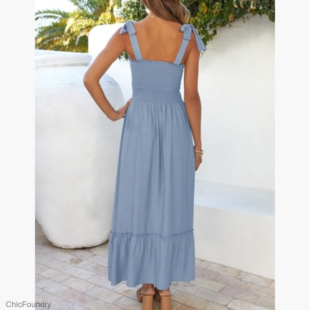 Boho Maxi Dress with Spaghetti Straps Square Neck Ruffle A-Line Beach - Picture 4 of 7